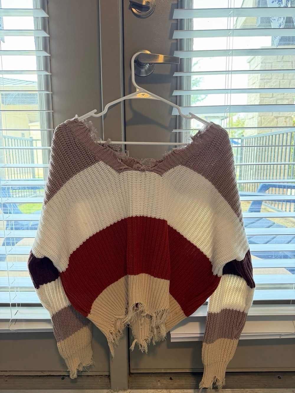 Miracle USA Off-the-Shoulder Striped Sweater in Cream, Mauve, Taupe, and Maroon